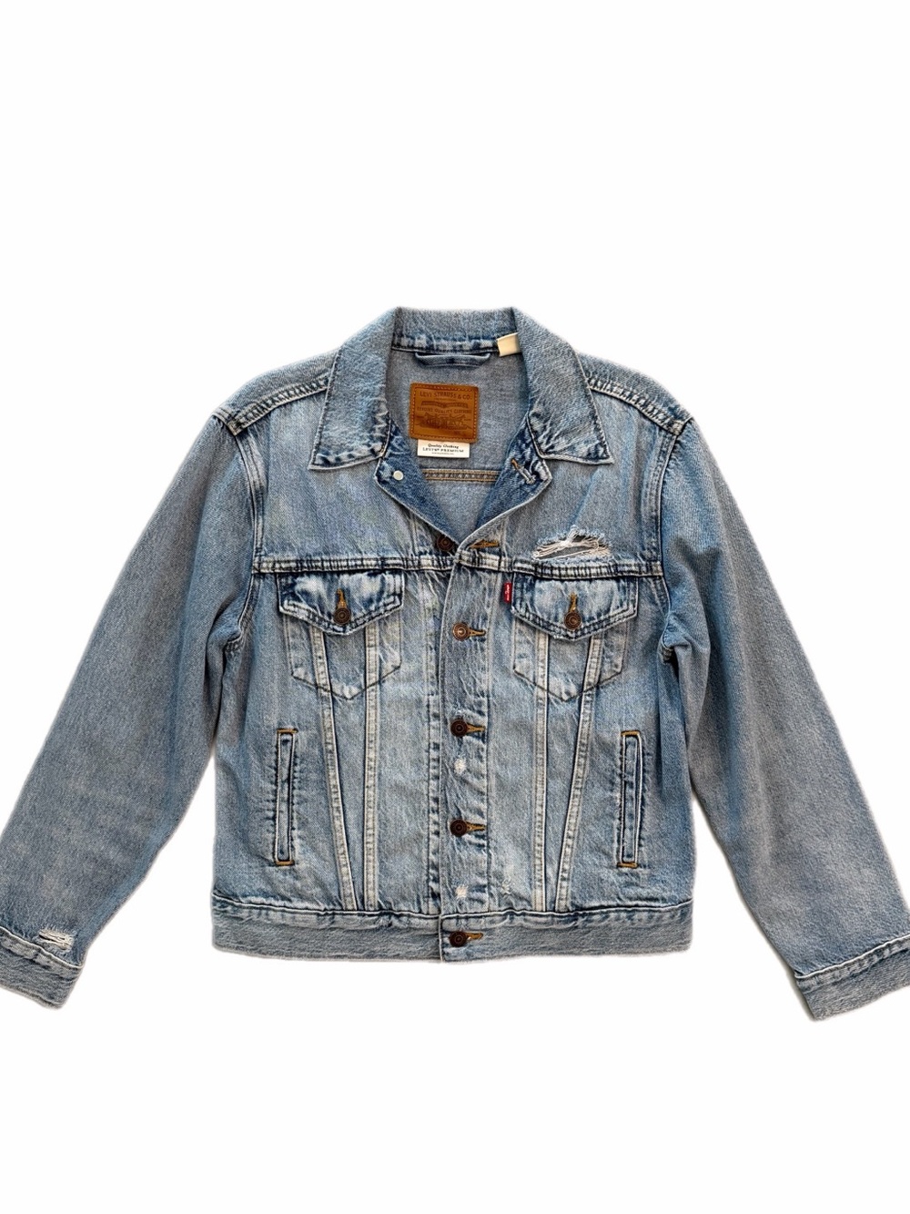 Levi’s Premium Distressed Denim Trucker Jacket Light Wash Cotton Blend size S